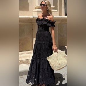 ZARA EMBROIDERED MIDI DRESS BLACK SIZE XS